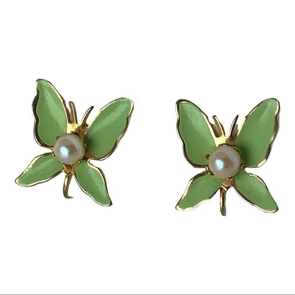 Vintage green enamel pearl gold plated Butterfly clip earrings - Picture 3 of 9
